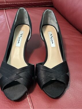 Nina Black Satin Open-Toe Heels
